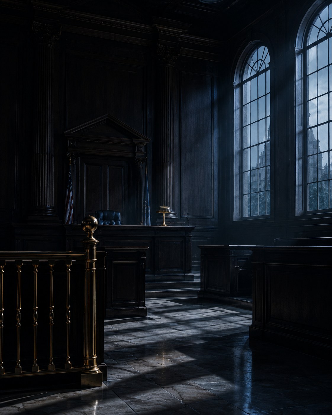 An empty New York courtroom at dusk